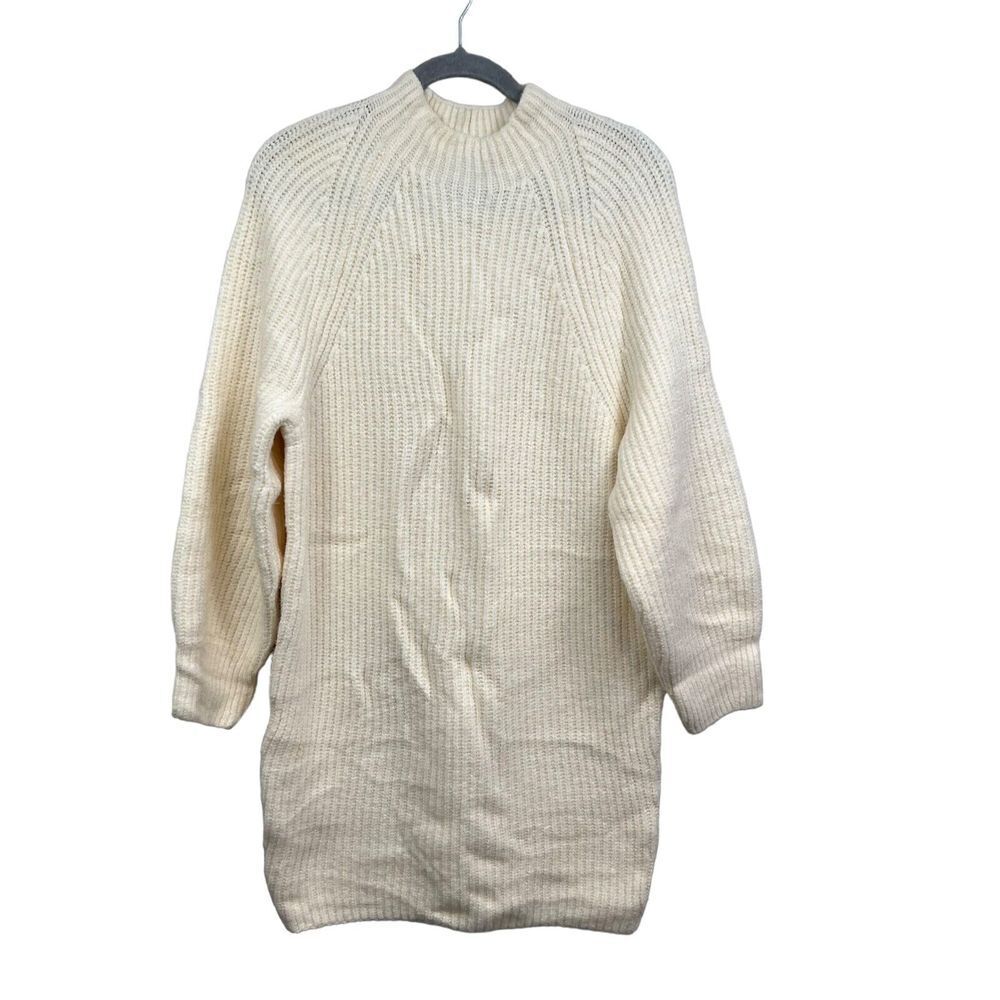 Express Womens Oversize Long Sweater Ribbed Mock Neck Balloon Sleeve Cream Sz S*